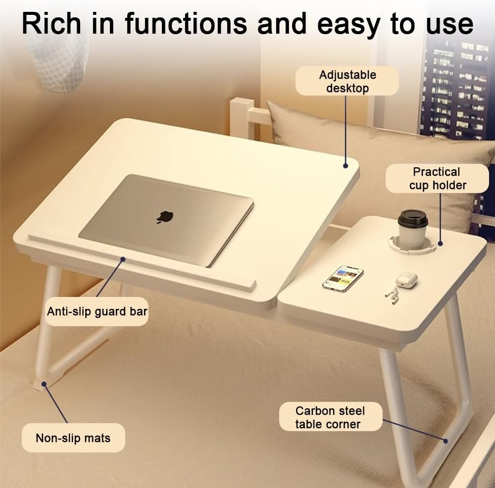 TOMVAES Laptop Desk in Bed 45-Degree Adjustable Desks Convenient USB Charging Port Foldable Table Suitable for Eating, Working, Writing, Reading (White) - White image number 4