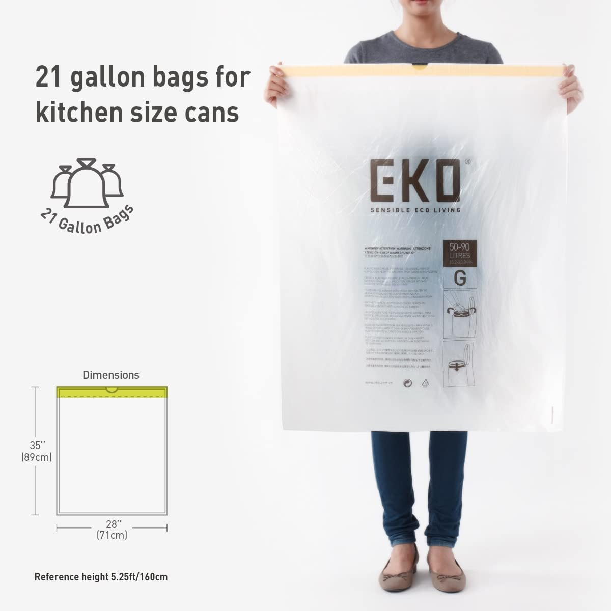 EKO 50&ndash;90L Drawstring Rubbish Bags, 60-Pack Easy-Dispense Roll, Extra-Strong & Leak-Resistant Bin Liners, 21 Gallon, White &ndash; Heavy Duty Kitchen & Household Bags, Code G