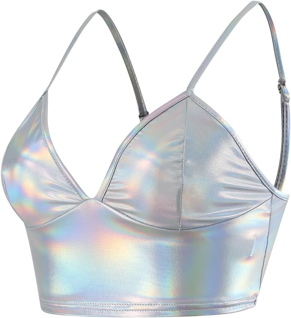 Women'S PU Crop Tops Shiny V-Neck for Dancing Raves Festivals Costumes image number 1