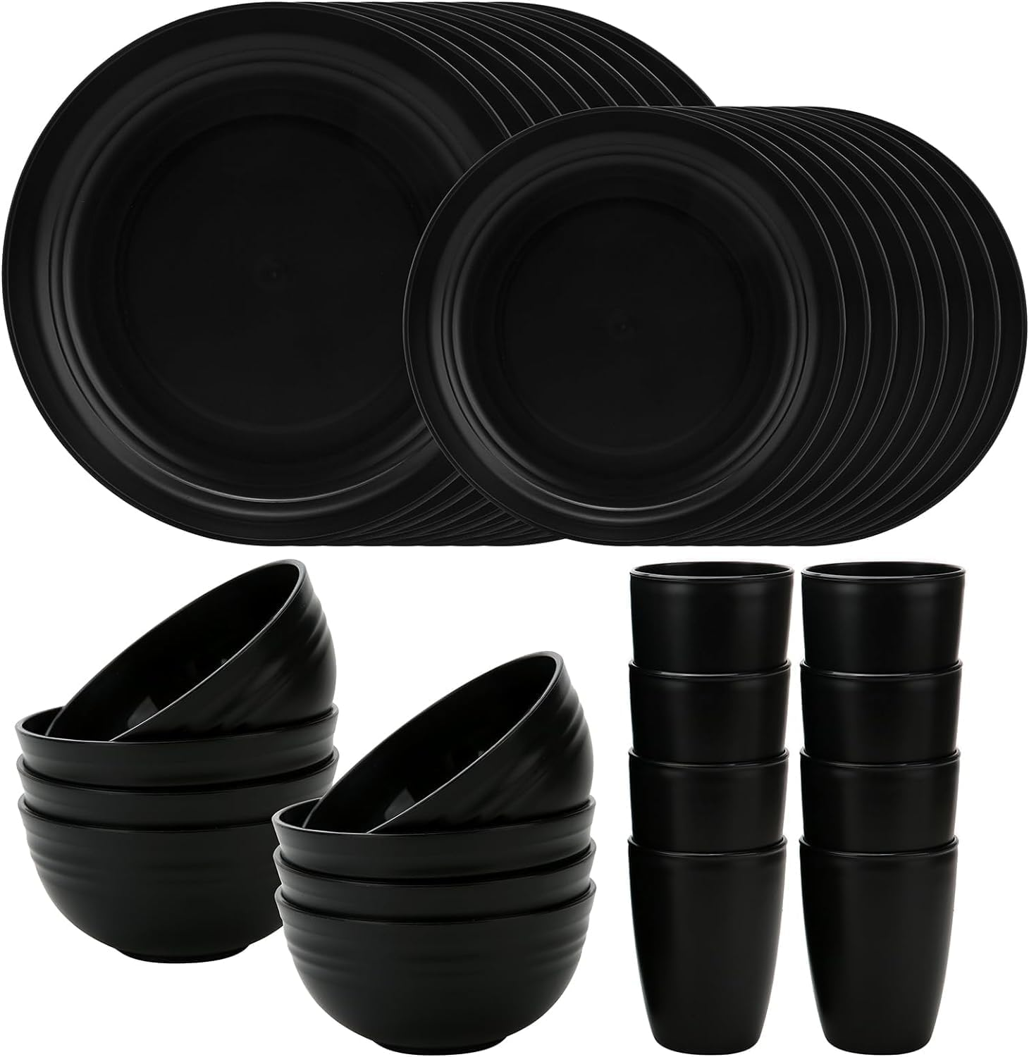 32Pcs Black Straw Dinnerware Set, Plastic Reusable Plates, Wheat Straw Plates and Bowls Set, Dish Set for 8, Microwave Safe image number 3