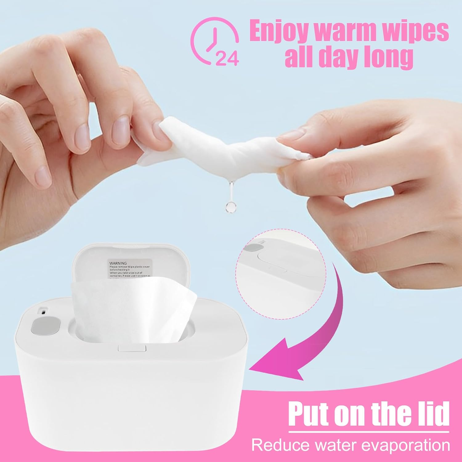 Newborn Wipe Warmer, Thermostat Baby Wipe Warmer and Wet Wipes Dispenser Portable Baby Wipes Dispenser Warmer Prevent Dry USB Baby Wipe Warmer for Car Home Baby Nursery 7.9&times;4.7&times;3.9 in (White) - Pink image number 4