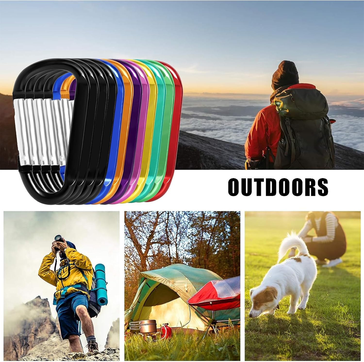 12PCS Carabiner Keychain Clip - 3" Aluminum Carabeaner Key Clip,D Ring Shape Caribeener Hook Buckle,Spring Snap Key Chain Clips image number 1