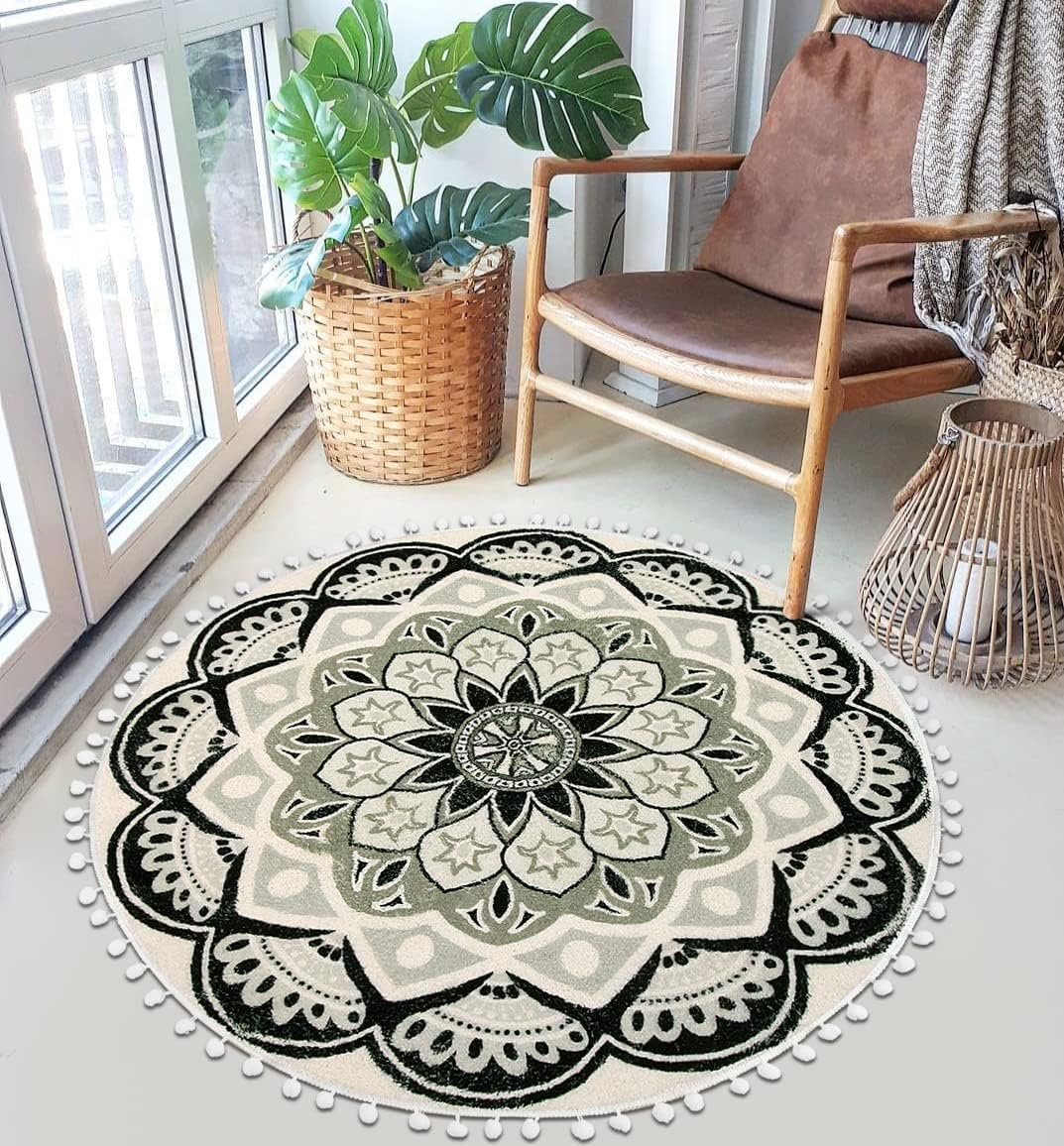Uphome round Rug 5.3Ft Blue Circle Boho Rug with Pom Pom Fringe Machine Washable Non-Slip Sofa Floor Mat Soft Cute Blooming Mandala Carpet for Living Room Bedroom Kid'S Room Nursery