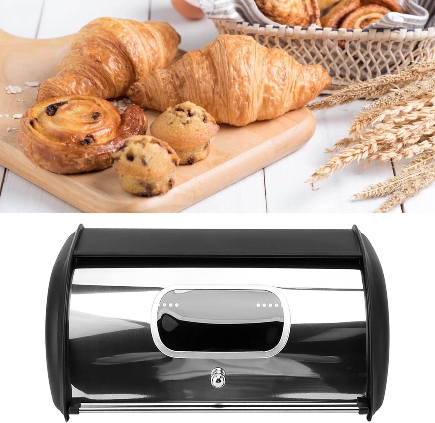 Metal Bread Box for Kitchen Countertop, Bread Box Storage Bin with Small Window, 13.6 X 9.1X 5.7In Iron Bread Storage Container with Roll up Top Lid, for Homemade Cake Buns (Black) image number 2