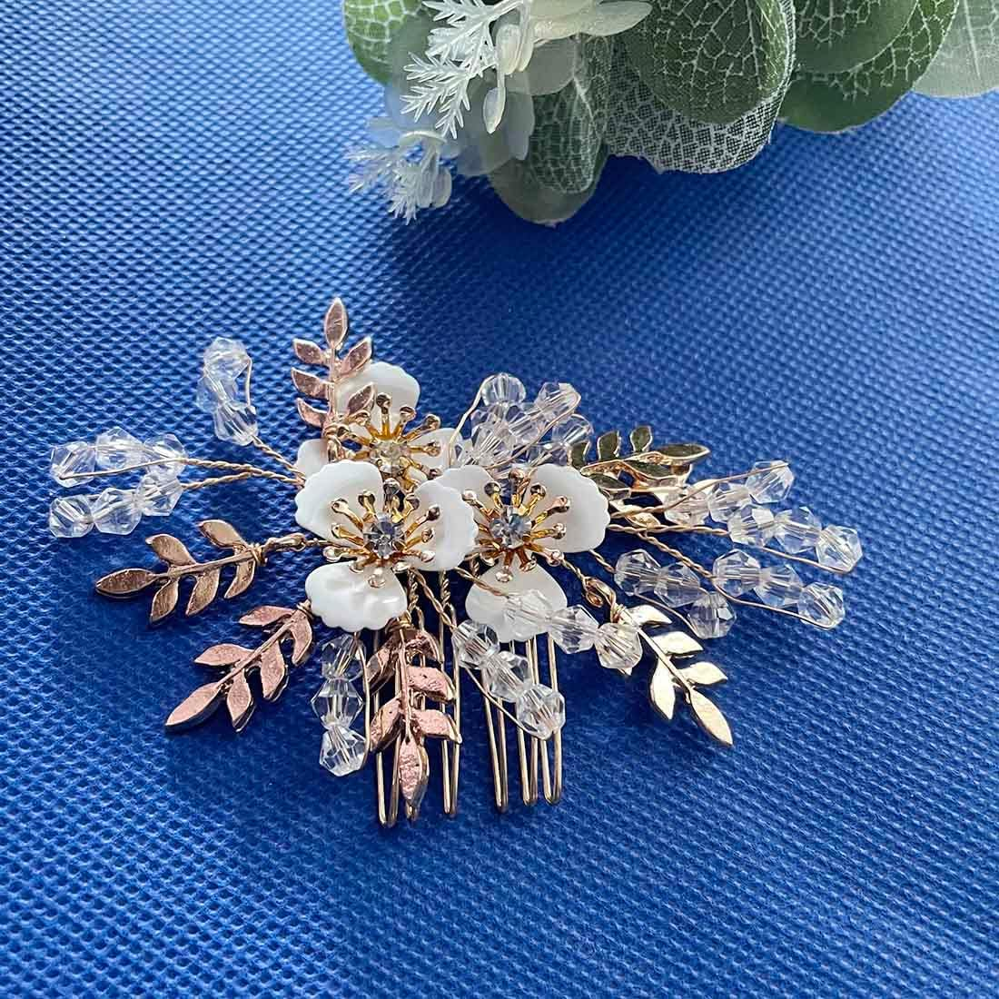 SINLOV Hair Comb for Bridal Flower Wedding Pearl Rhinestone Bridal Bridesmaid Side Combs Wedding Hair Accessories for Women (Gold)