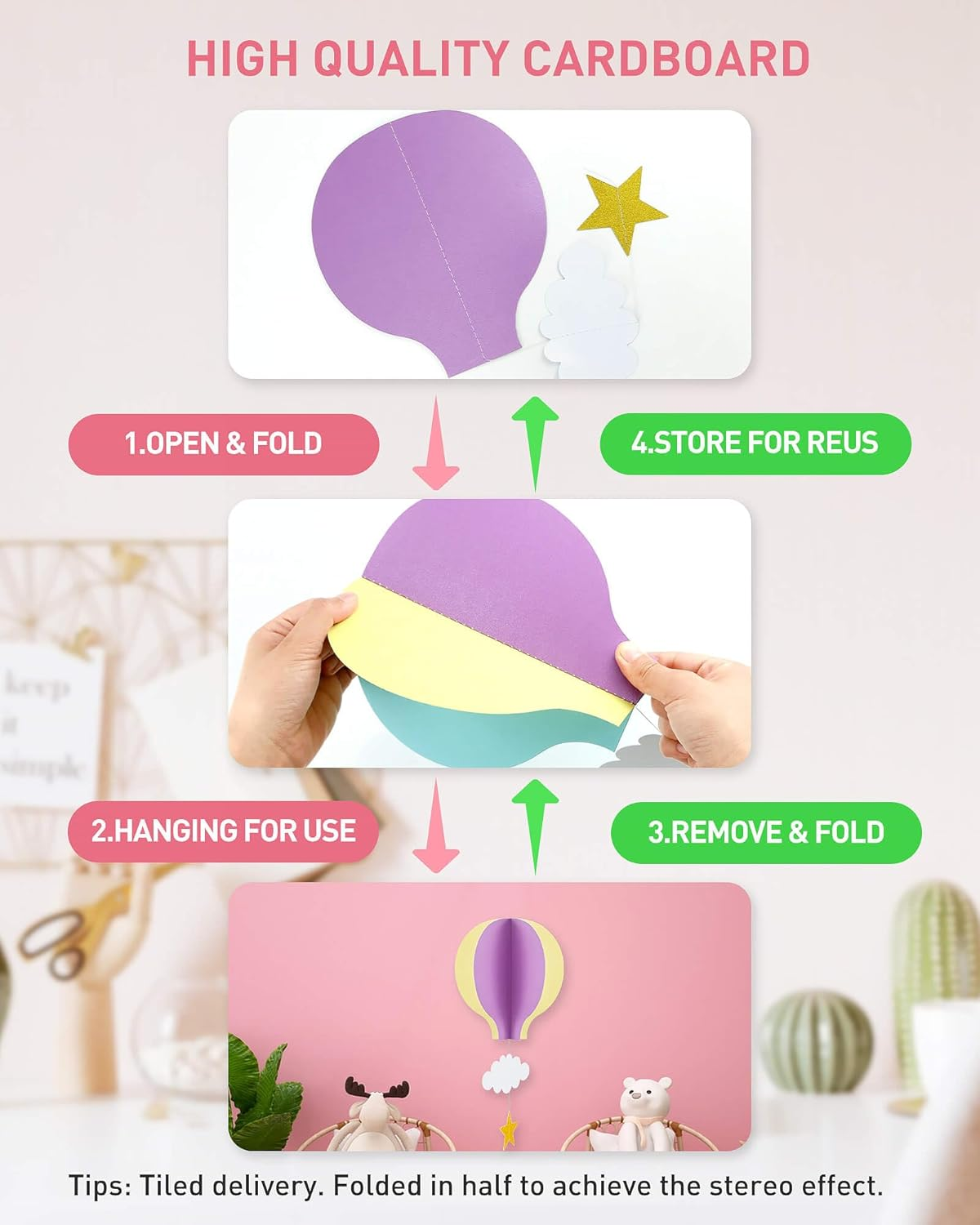 Vomika Colorful Fantasy Hot Air Balloon Hanging Paper Decorations Garland Pack of 5 Big Size with Clouds Stars for Kids Room, Baby Shower, Birthday Party, Wedding Part