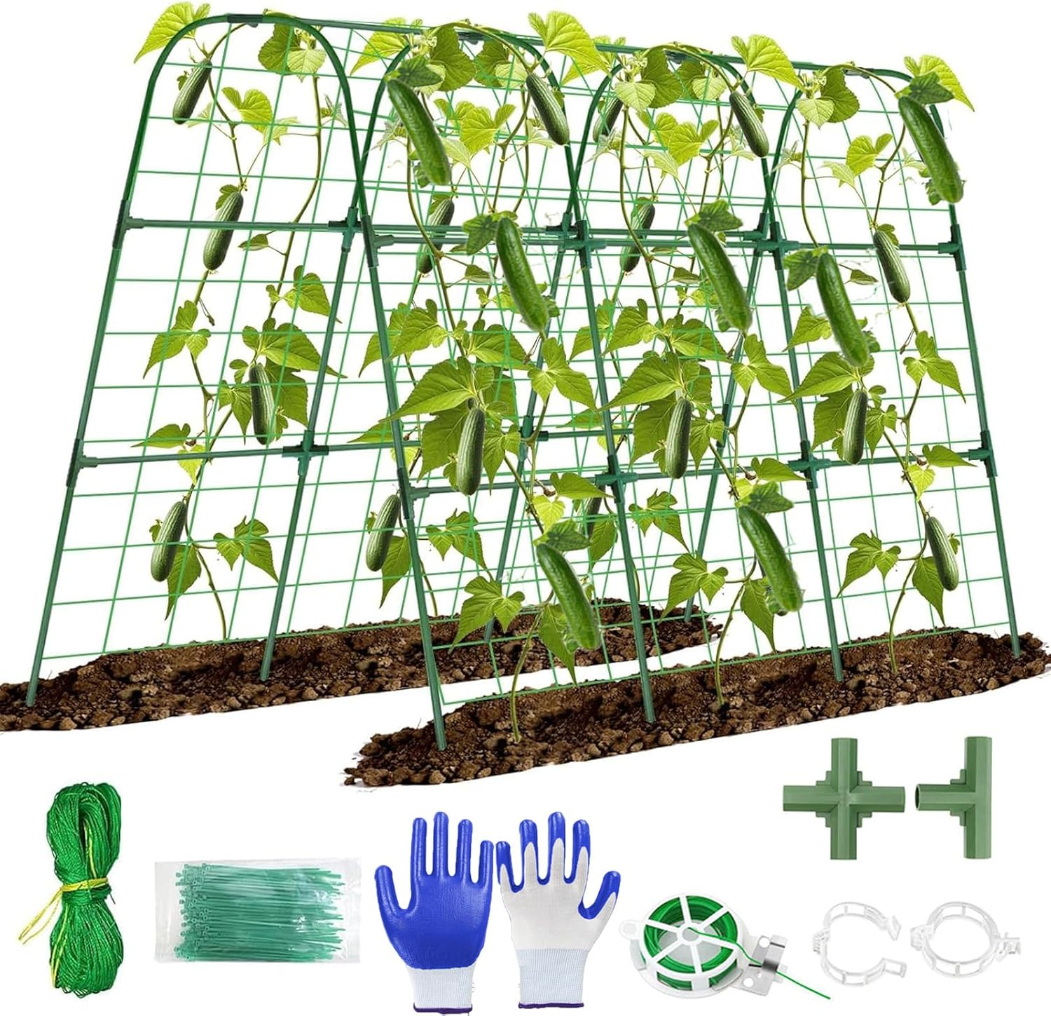 Cucumber Trellis,Garden Trellis for Climbing Plants,63" X 47" Metal Detachable Arch Trellis with Netting for Vegetables, Plant Support for Tomato,Pea,Zucchini,Squash image number 2