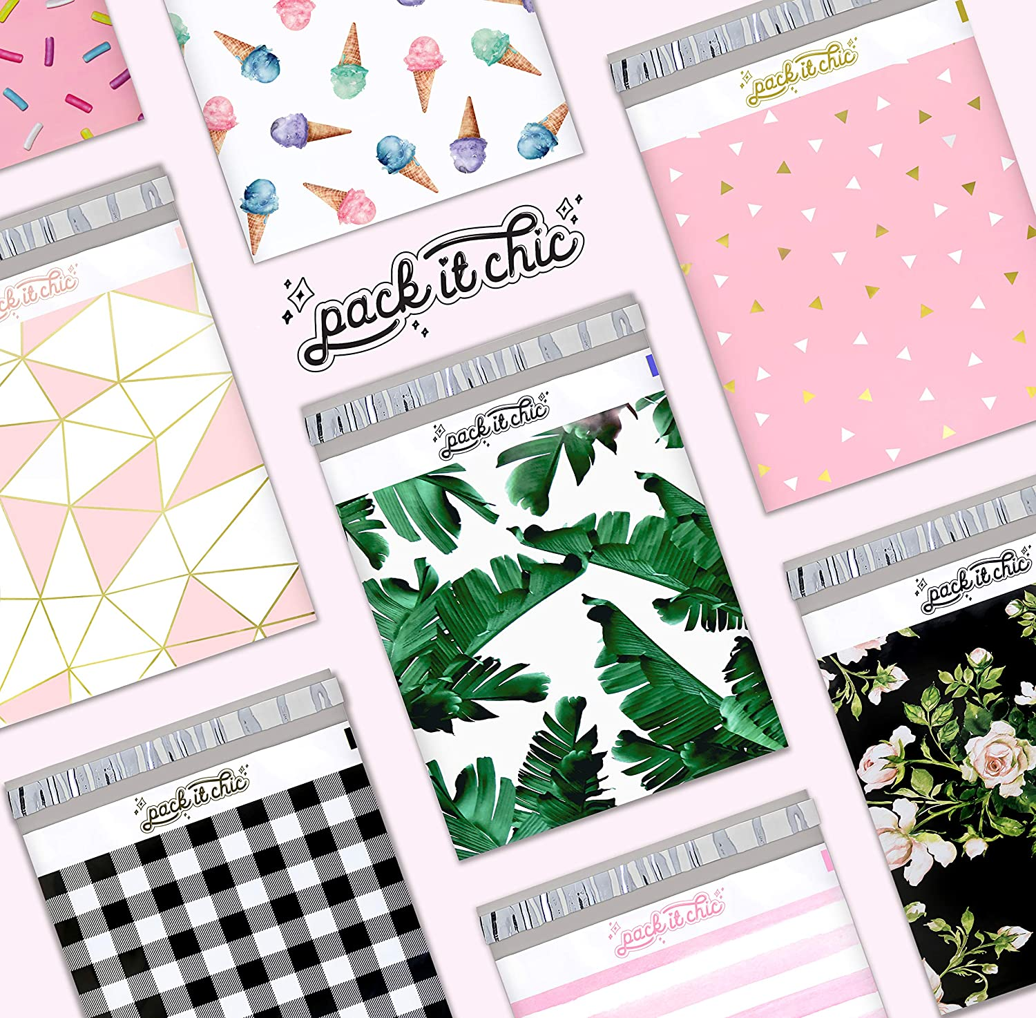 Pack It Chic - 10X13 (100 Pack) Mint Gold Triangles Poly Mailer Envelope Plastic Custom Mailing & Shipping Bags - Self Seal - Gingham Plaid image number 5