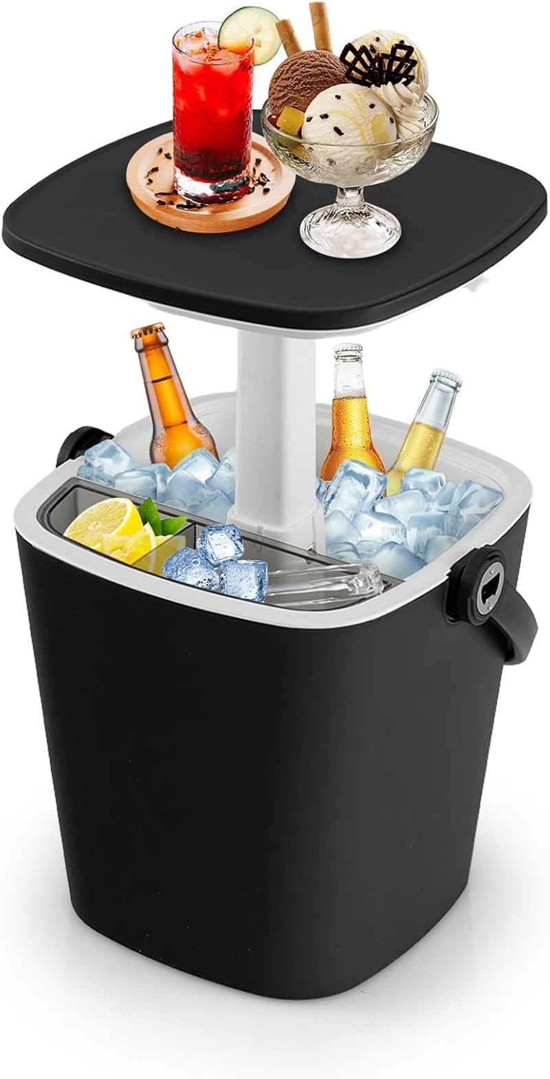 Costway Portable Cooler Bar Table, 15 L Weatherproof PP Beverage Cooler W/Handle, Bottle Opener & Lift Top Lid, 3-In-1 Pop up Side Table Cocktail Table for Camping, Picnic, Poolside (Black)