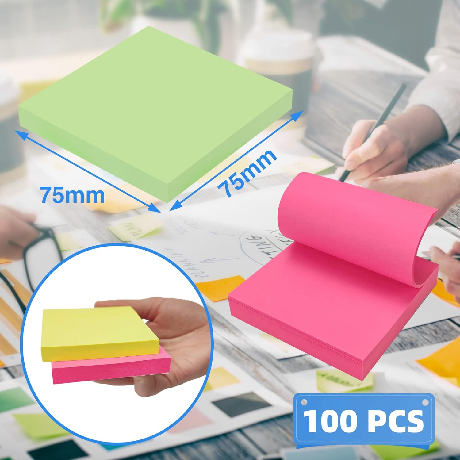 OWLKELA 800Pcs Coloured Sticky Notes, 75 X 75Mm, 8 Pads of 100 Sheets Self-Stick Notes, Sticky Notes Set for Marking and Highlighting Pages image number 2