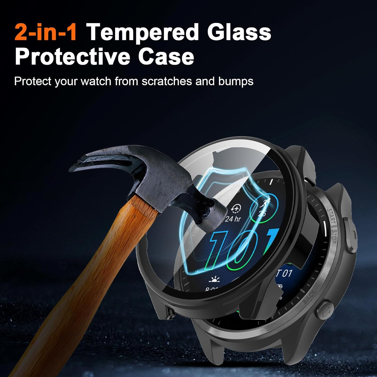 Vanrain Case for Garmin Forerunner 965, Pack of 2, 360&deg; All-Round PC Case with Protective Glass Bumper Full Cover Protective Case Black + Transparent image number 1