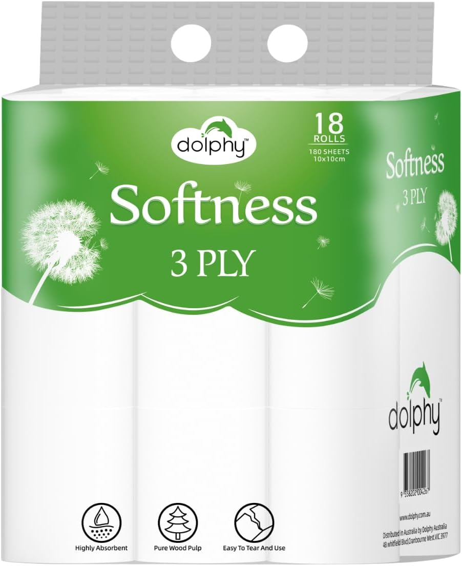 Dolphy 3-Ply Toilet Paper 72 Rolls (18 Rolls X 4 Packs), 180 Sheets per Roll, Ultra Soft White Bathroom Tissue, Septic Safe, Bulk Pack for Home, Office & Hotels image number 1