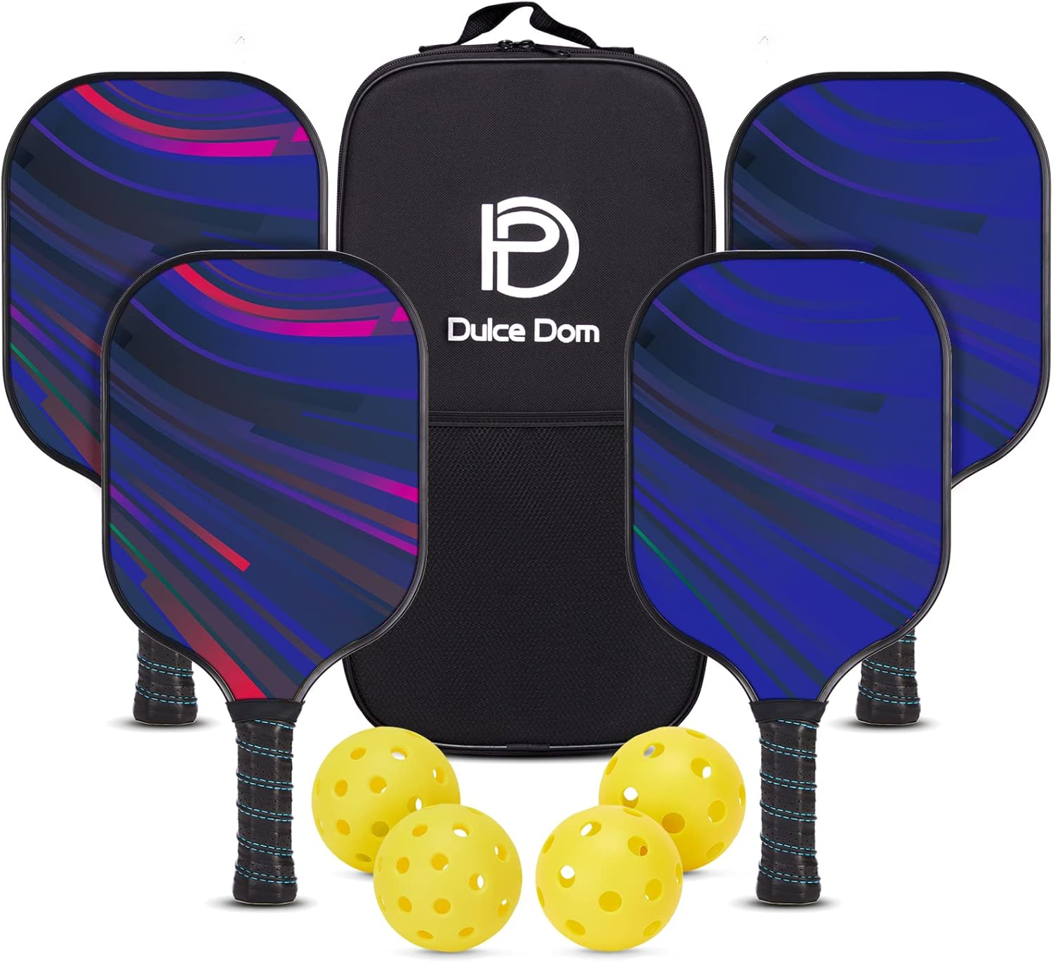 DULCE DOM Pickleball Paddles Set of 2/4, 4 Indoor Outdoor Pickleball Balls, Fiberglass Surface Paddle Racket with Cover Bag Training Equipment for Men Women