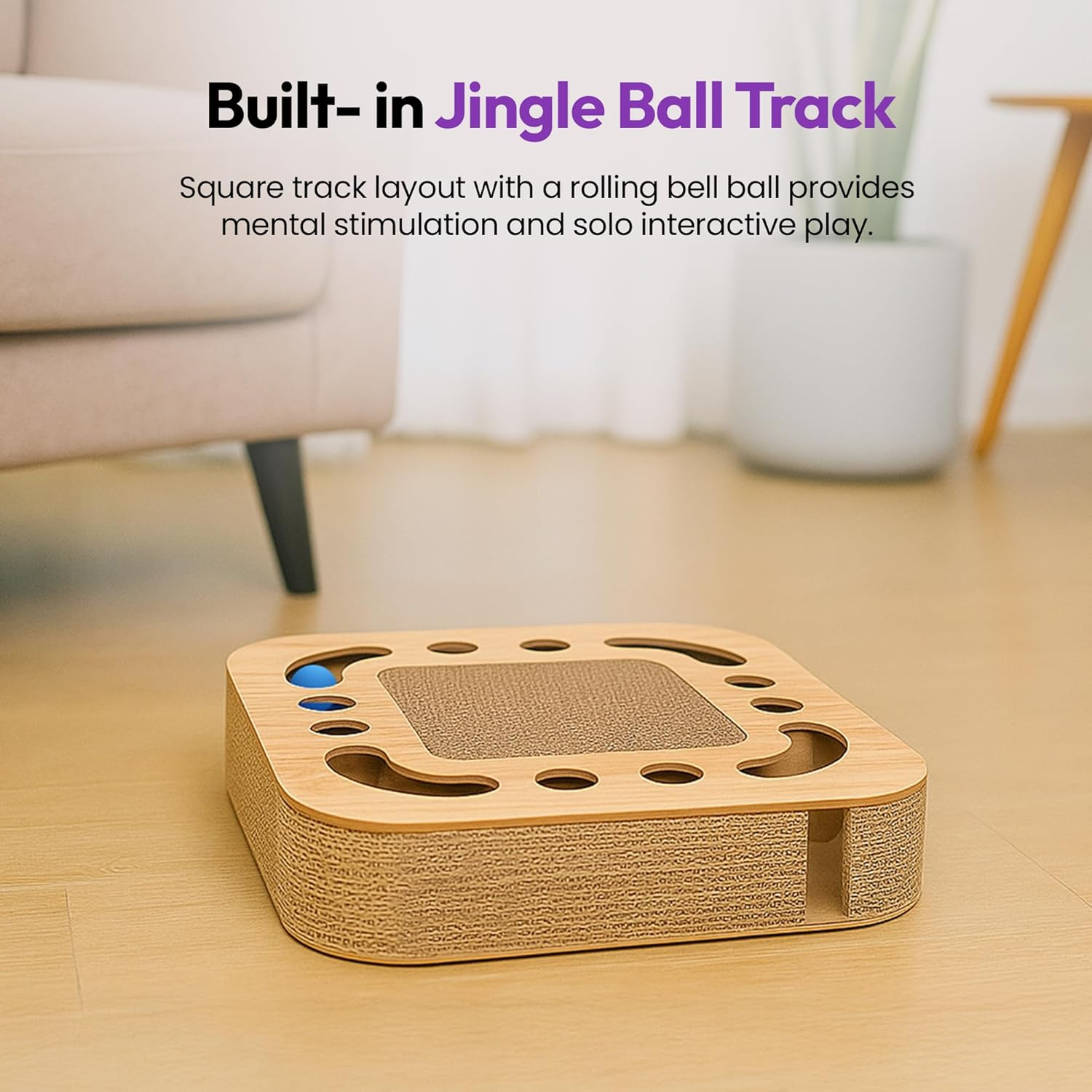 2-In-1 Cardboard Cat Scratcher with Jingle Ball &ndash; Cat Lounge Scratch Pad & Interactive Toy, Anxiety & Stress Relief (Square) image number 2