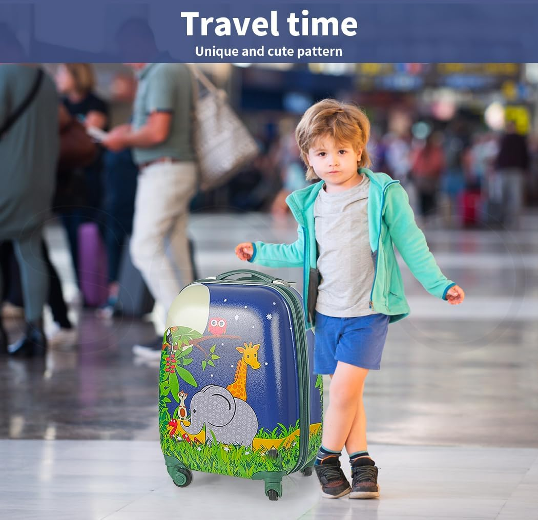 Bopeep 16''13'' 2PCS Kids Luggage Set Travel Suitcase Child Space Backpack Carry on Children Travel Rolling Trolley Suitcase, Retractable Handle, Lightweight Trolley Case for Boys Girls (Jungle) - Space Dino image number 4