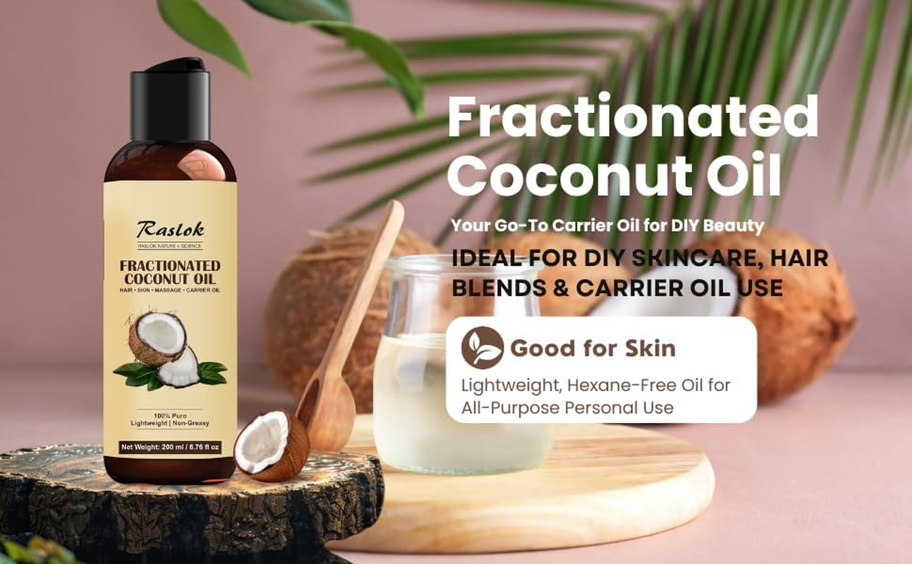 Raslok Fractionated Coconut Oil &ndash; 100% Pure & Lightweight | Non-Greasy Carrier Oil for Hair, Skin, Body & Massage | Hexane-Free | 200Ml / 6.76 Fl Oz image number 1
