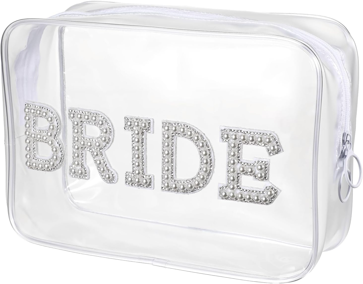Clear Bride Makeup Bag for Women Bridesmaid Engagement Gift, Pearl Rhinestone Letter Patch Bride Pouch Gifts for Bachelorette Party Wedding Bridal Shower... (Clear, 1PC) image number 5