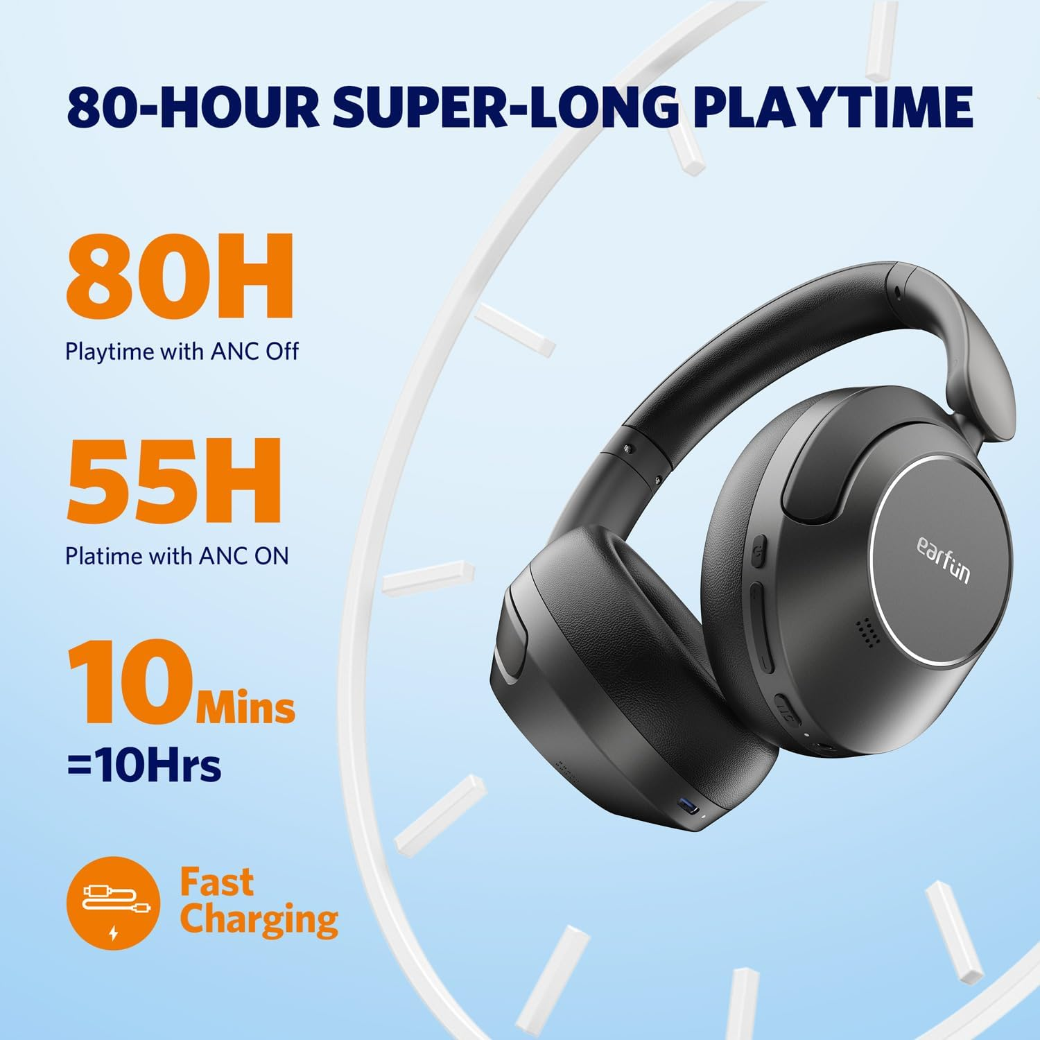 Earfun Wave Pro Active Noise Canceling Headphones, over Ear Headphones Wireless Headphones, LDAC Hi-Res Sound Bluetooth Headphones, 5 Mics AI Clear Call, 80H Playtime, Multipoint Connection, Custom EQ image number 2