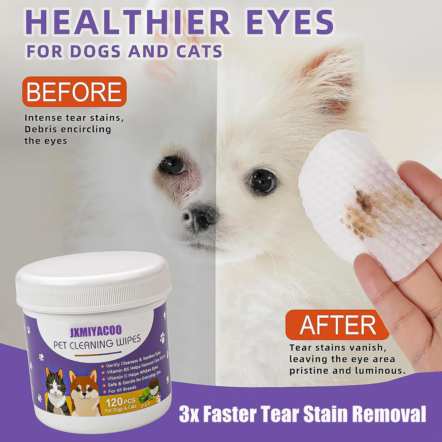 Pet Eye Wipes for Dogs & Cats - Tear Stain Remover & Cat Eye Cleaner | 120Psc 280G Hypoallergenic Biodegradable Pads with Coconut Oil & Aloe Vera | Dog Eye Pads, Lick-Safe Formula image number 4