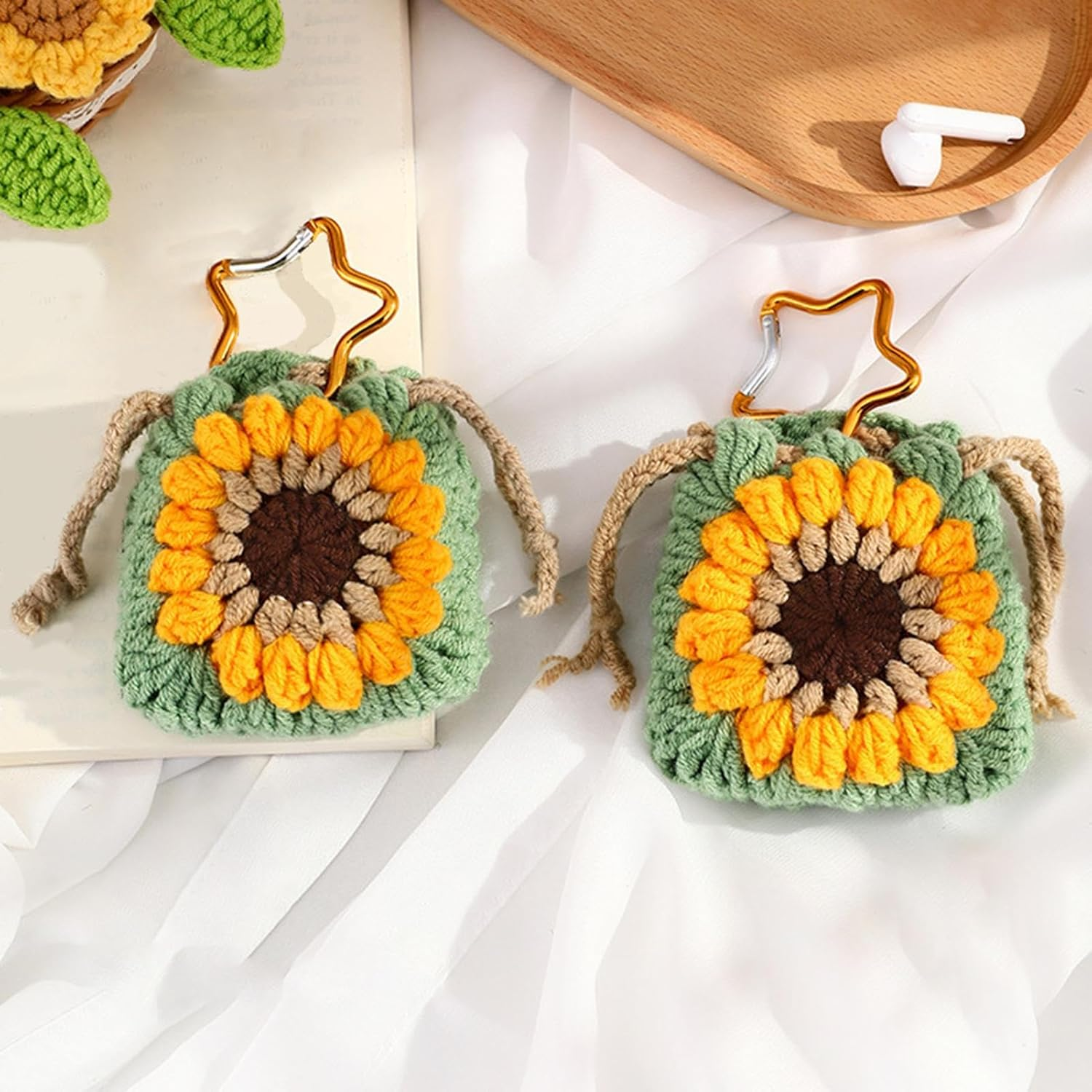 Keychain Coin Purse &ndash; Crochet Sunflower Key Charm, Drawstring Pouch Holder | Cute Coin Purse for Girls Men Teens, Mini Storage for Cards Keys, Backpack Handbag Accessory School Gift