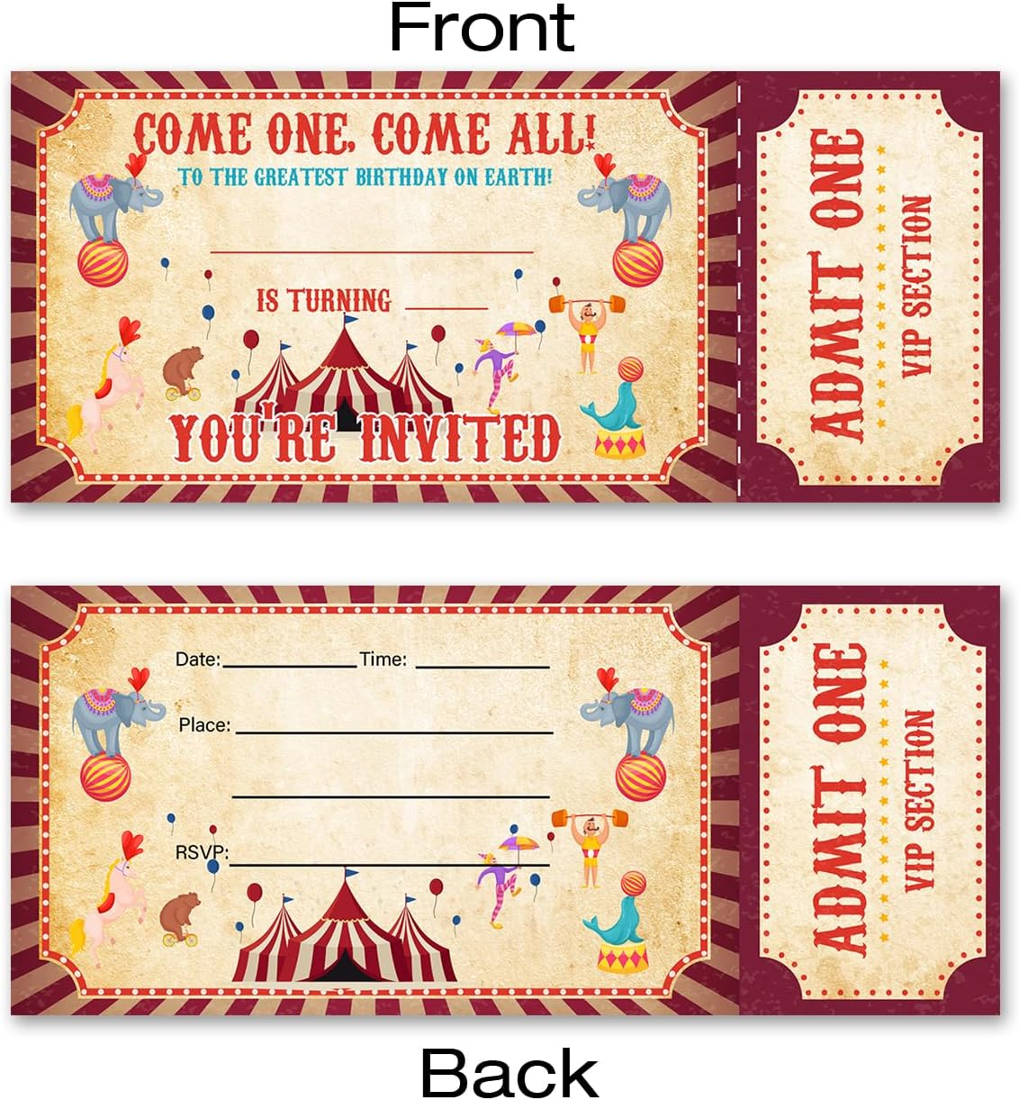 VAHATAN Carnival Birthday Party Invitations 20 Pack Come One Come All Circus Carnival Ticket Invitations with Envelopes Invites Cards for Birthday Party - 11 image number 6