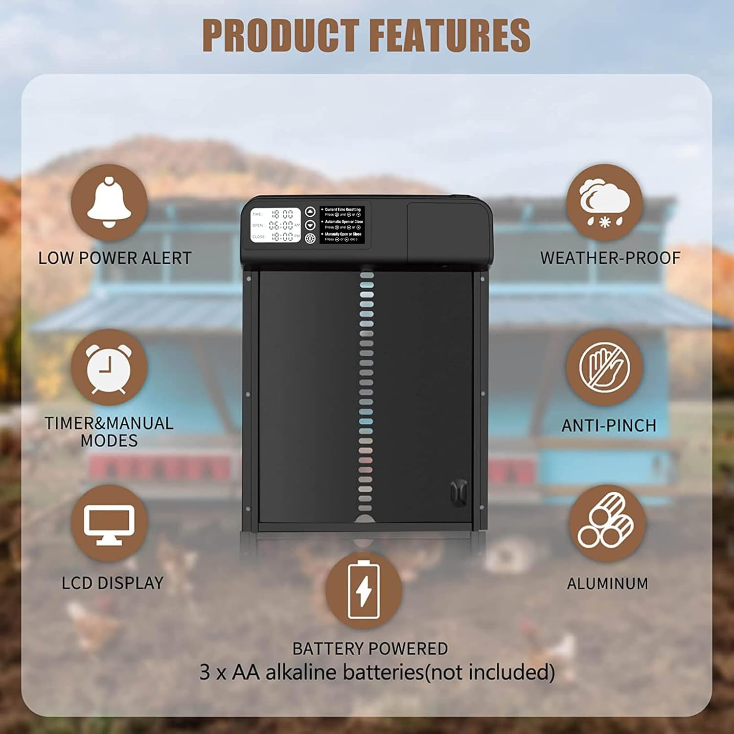 Automatic Chicken Coop Door, Chicken Coop Door Opener with Timer Control, Battery Powered Automatic Chicken Door, Full Aluminum with LCD Screen Water Proof image number 2
