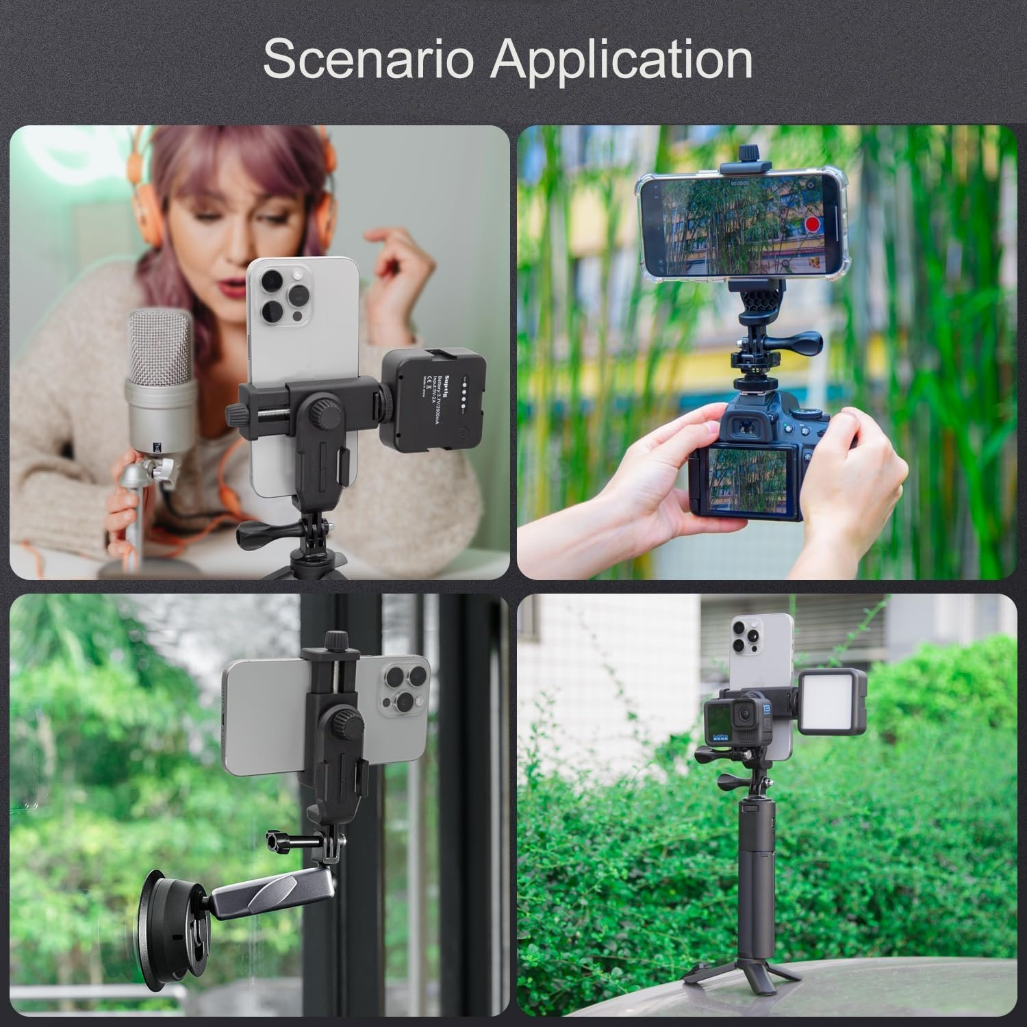 Suptig Phone Holder for Tripod, Action Camera Tripod Mount Adapter Compatible for Iphone, Gopro, DJI Action, Insta 360, Akaso, Mic, LED Light Photography Accessories image number 2