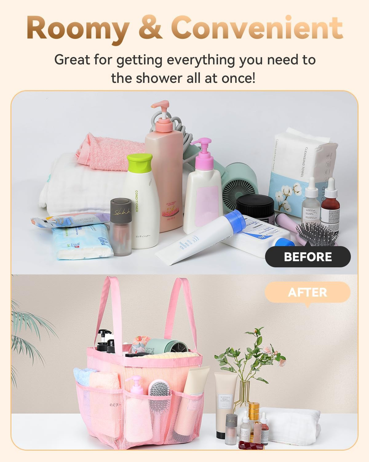 Temede Mesh Shower Caddy Tote, Large Shower Caddy Basket Portable, Quick Dry Hanging Toiletry Bag, 8 Storage Pocket Bath Organizer for College Dorm, Gym, Camp, Travel (Pink) - Blue image number 3