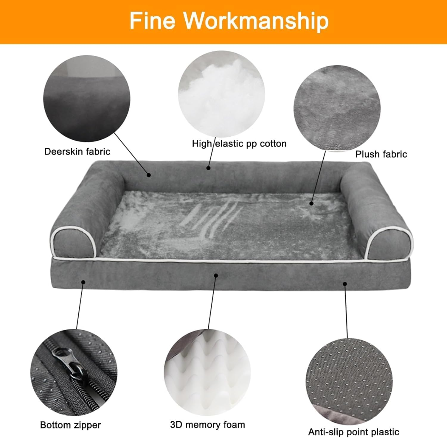 Dog Bed for Large Dogs, Orthopedic Washable Dog Bed with Removable Cover, Bolster Dog Sofa Pet Bed with Egg Foam & Nonskid Bottom, Medium Dog Sofa Beds (100 * 60CM) image number 5