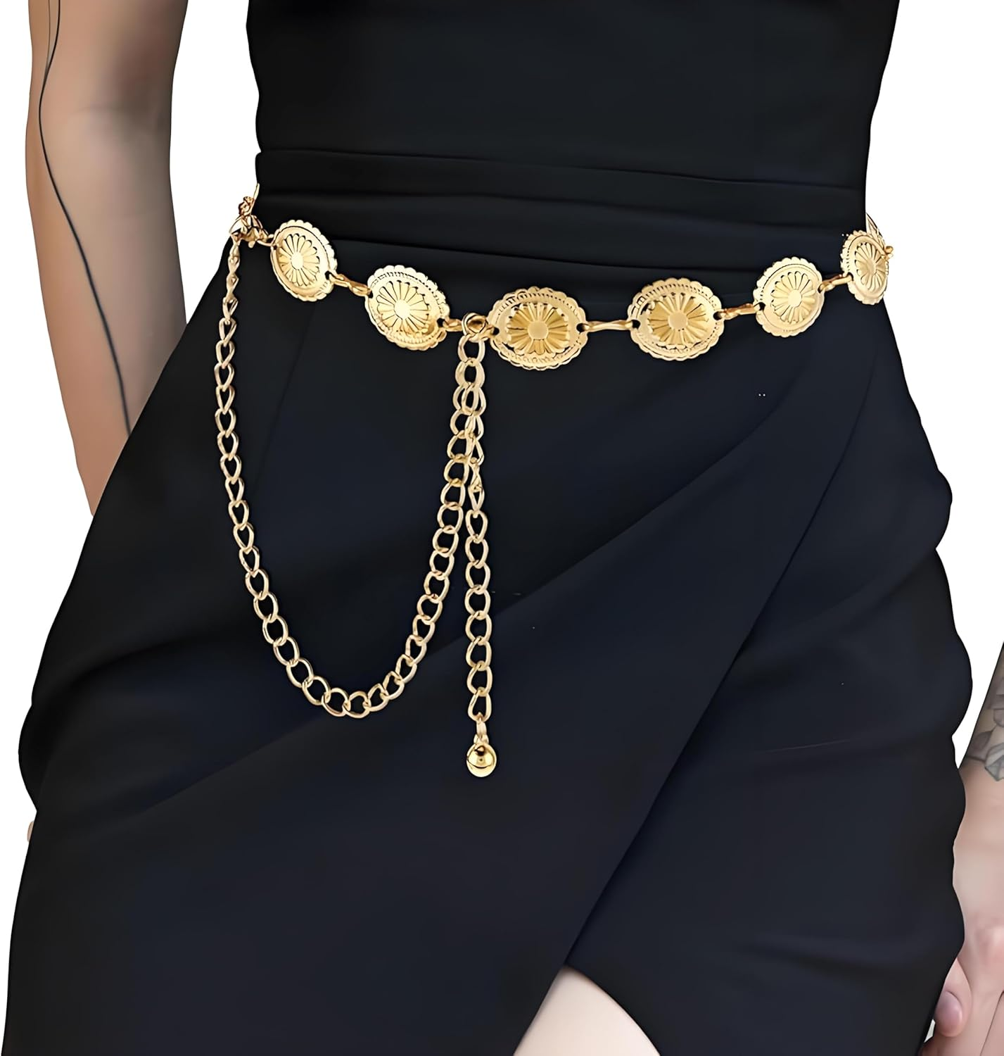 GOEDEKE Gold Daisy Chain Belt, Western Metal Concho Belt, Adjustable Boho Waist Chain, Golden, Women'S Waist Chain