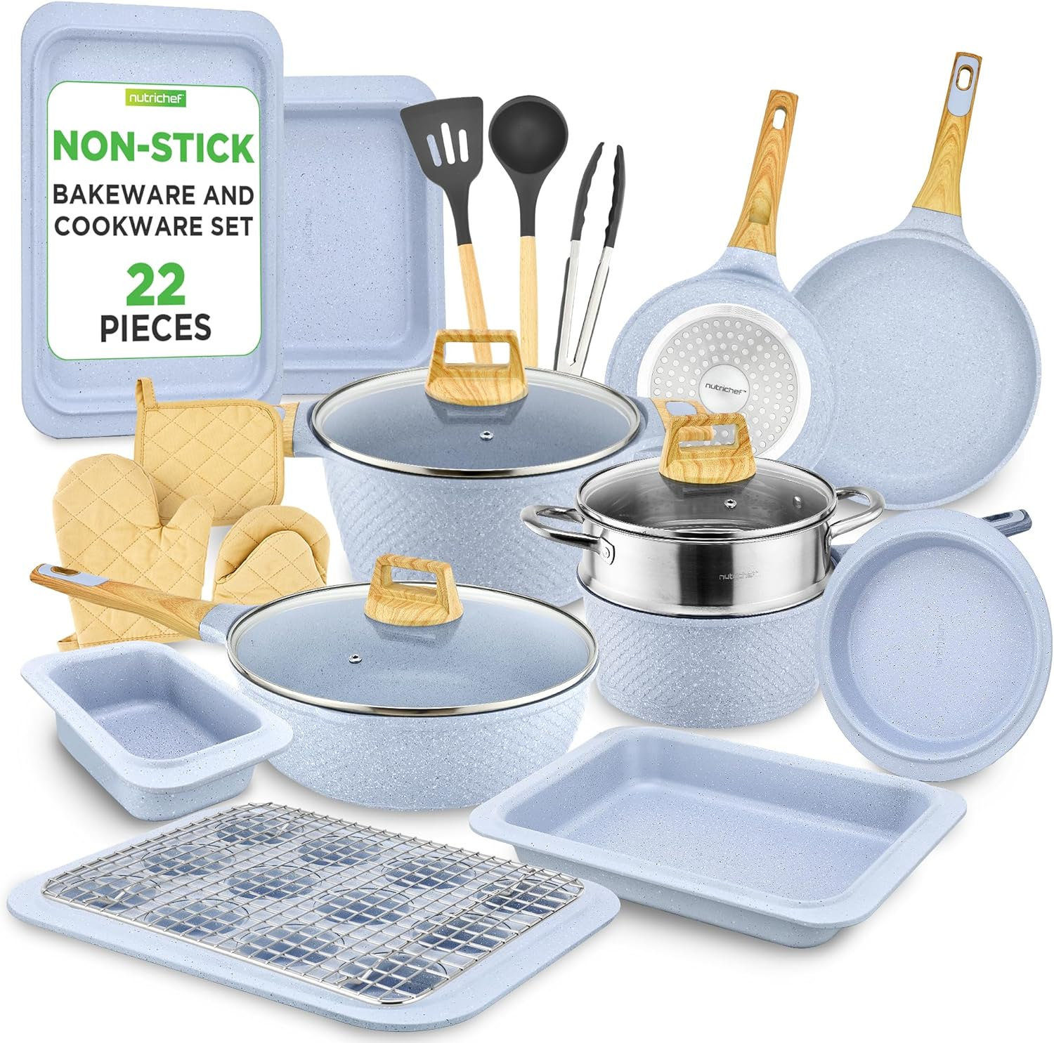 Nutrichef 22-Piece Cookware and Bakeware Set | Professional Home Kitchen Collection with Multi-Sized Pots, Pans, Non Stick and Heat-Resistant Tools (Moon Grey Marble)