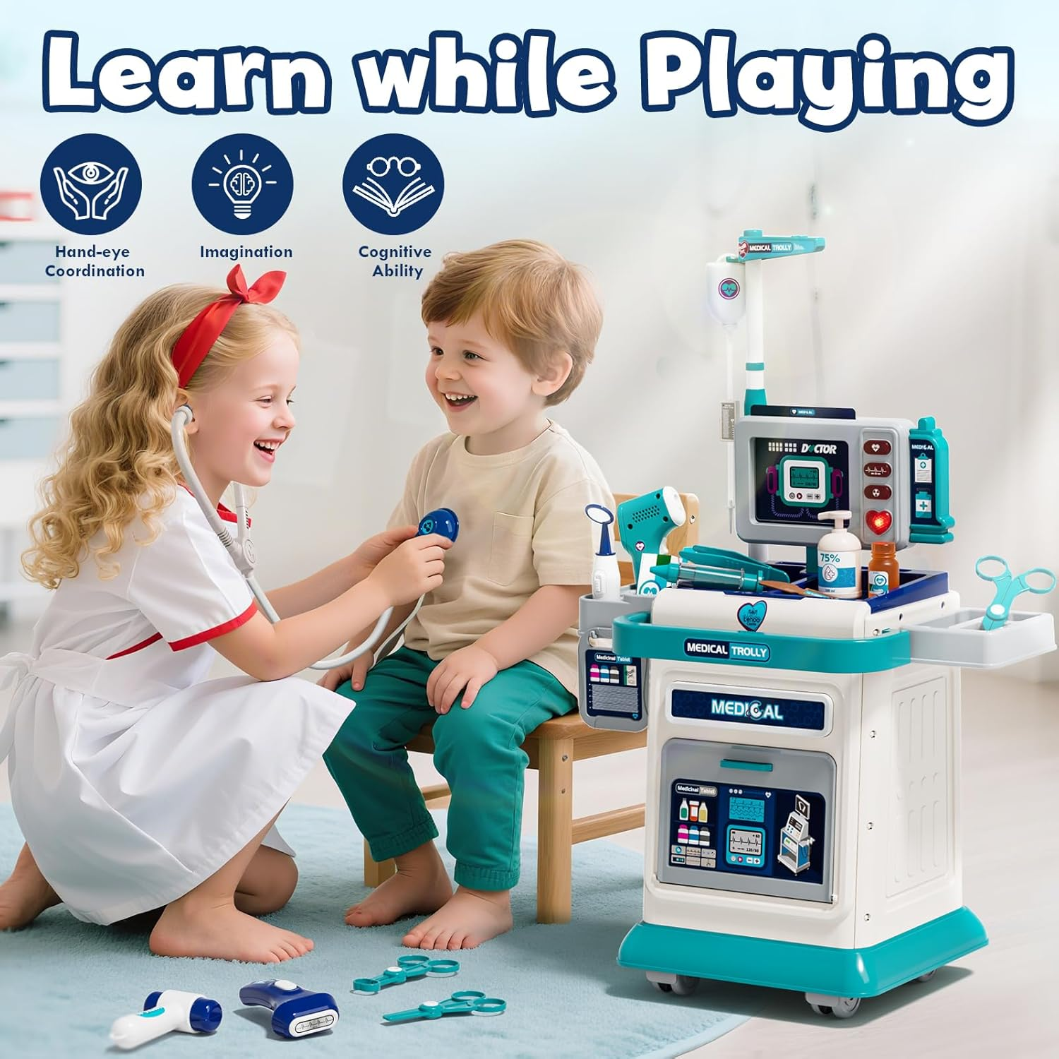 Lehoo Castle Doctors Play Sets for Kids, Toddler Toys Medical Kits with Stethoscope, Pretend Play Doctor Kit with Rolling Cart, Role Play Set for 3 4 5 Year Boys Girls image number 2
