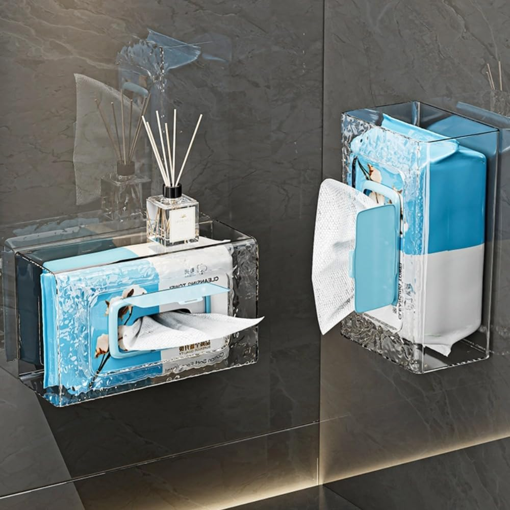 Poemtian Tissue Box Holder, Wipes Dispenser, Wall Mounted Tissue Box Holder, Clear Acrylic Tissue Box Holder, No Punching Self-Adhesive Wipes Holder for Bathroom, Wipes Dispenser for Kitchen Toilet image number 3