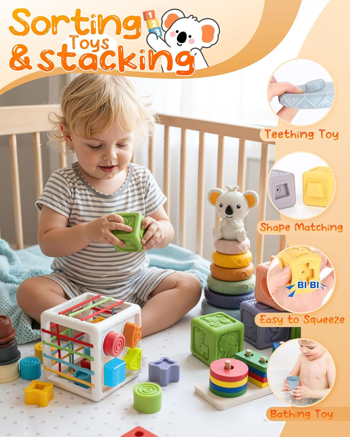 6In1 Montessori Toys for Babies - Stacking Blocks Rings Sensory Bin Toy with Cups & Shape Sorting for 6-12-18 Months, Educational Newborn Baby Development Toys Gift Infant Toddlers 1-3 Years Old image number 2