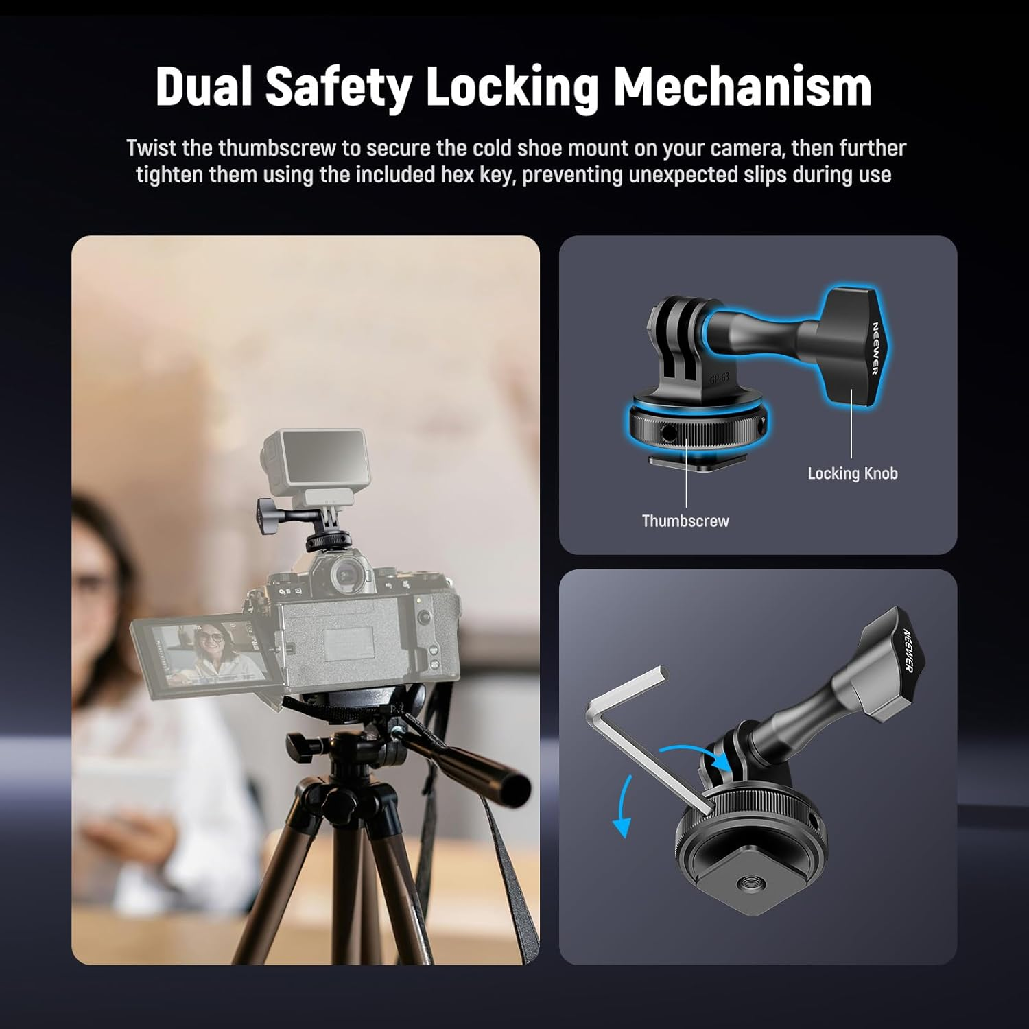 NEEWER Action Camera Cold Shoe Mount Adapter Compatible with Gopro Accessories Go Pro DJI Insta360 AKASO, Metal 1/4" Thread Hot Shoe Mount for Mini Tripod Selfie Stick, 180&deg; Tilt, GP-63 image number 2