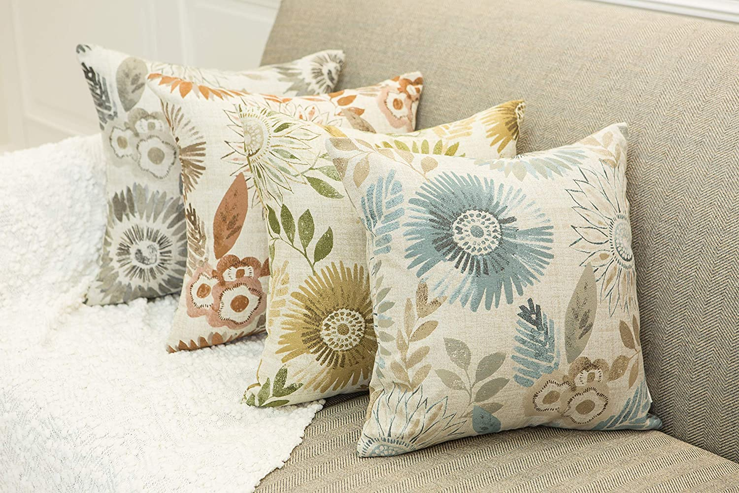 Mika Home Pack of 2 Decorative Throw Pillows Cases Cushion Cover for Sofa Couch Bed,Sunflower Pattern,20X20 Inches,Blue Cream image number 6