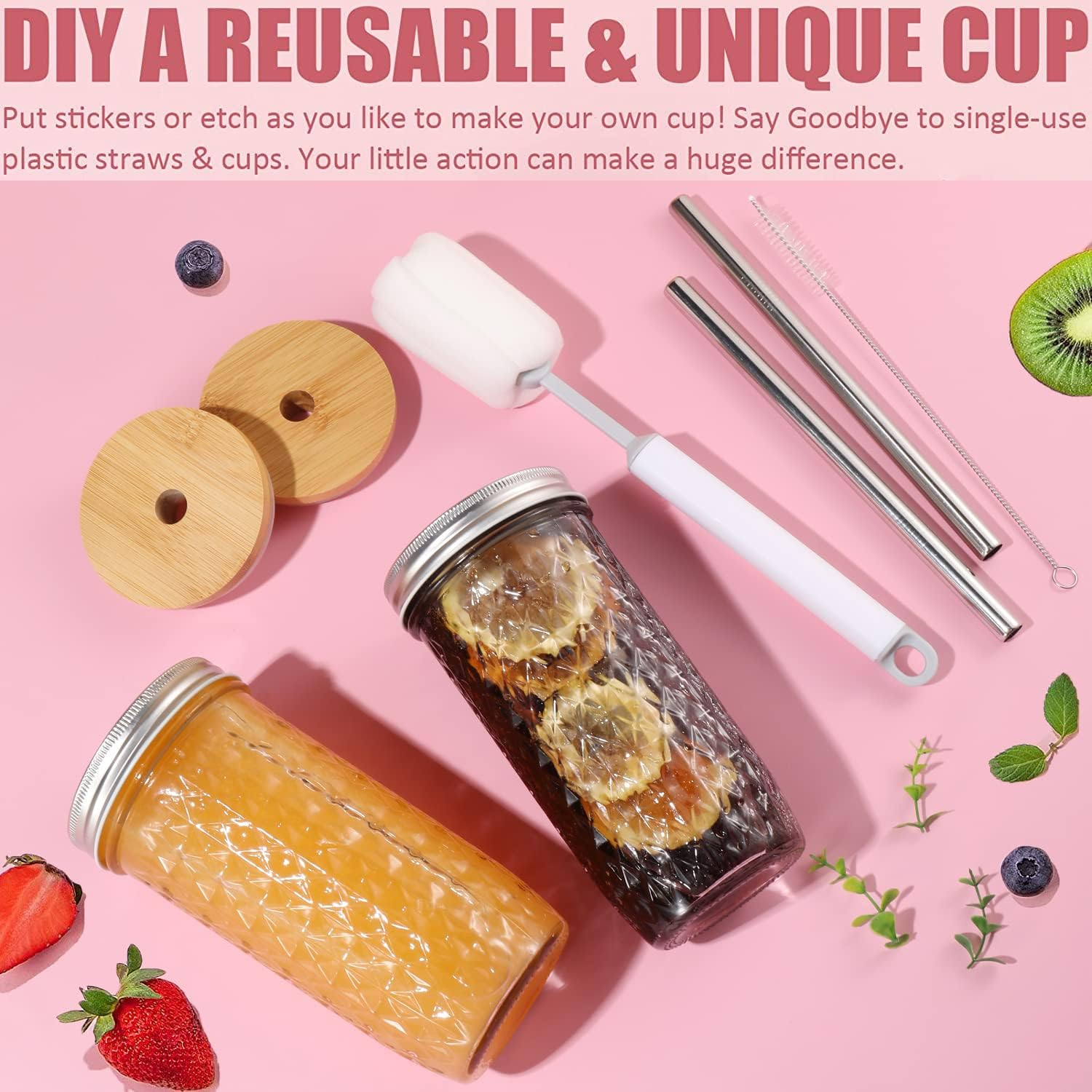 Boba Cup, Reusable Bubble Tea Cup, Glass Cups Set, 2 PCS Mason Jar Cups with Bamboo Lids and Straws & 2 Airtight Lids, 24 Oz Diamond Texture Wide Mouth Iced Coffee Glass Tumblers, Smoothie Cups image number 5