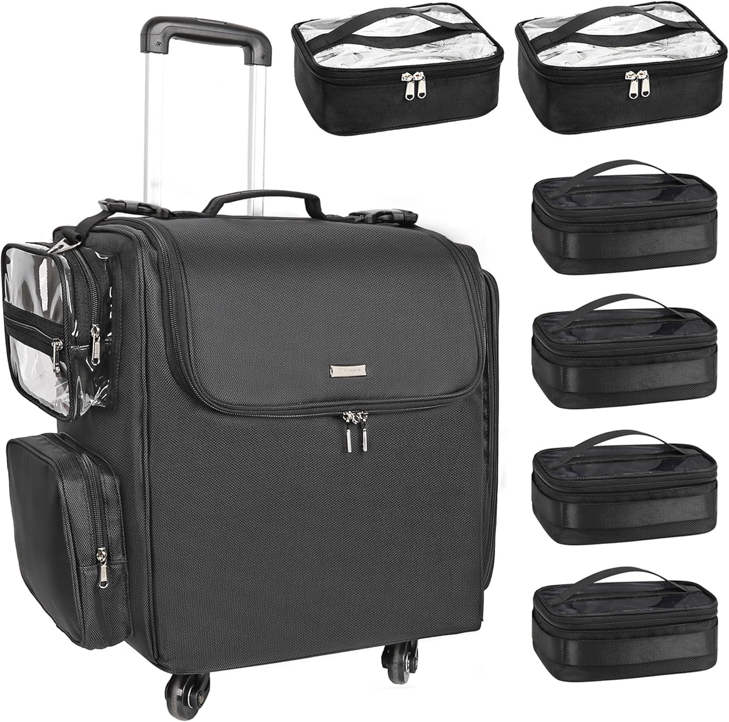 Relavel Rolling Makeup Train Case, Hairstylist Traveling Bag with 4 Wheels, Heat Insulation Full Layer, Adjustable Dividers, Hair Tools and Cosmetics Storage Organizer, Black, Extra Large, Hairstylist