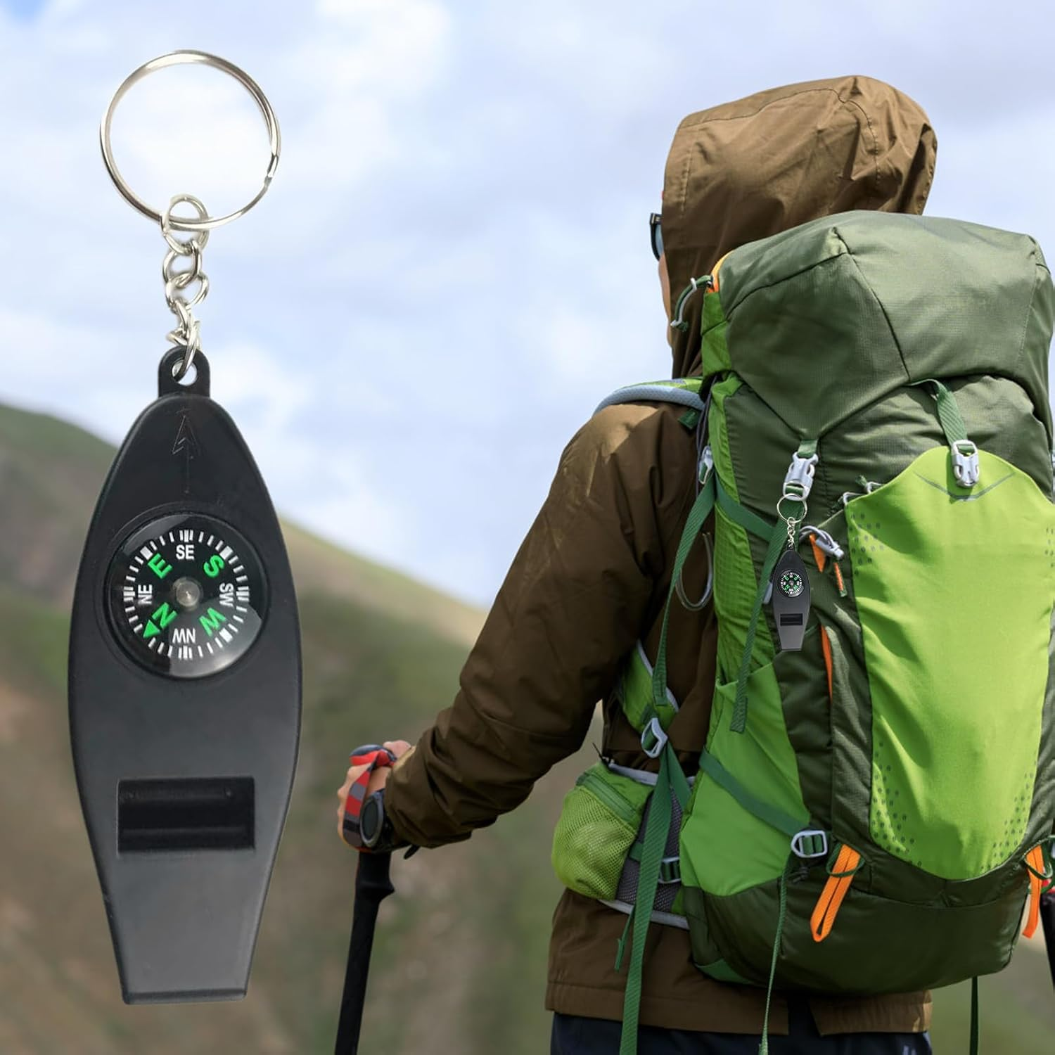 Safety Whistle Keychain &ndash; Survival Emergencys Whistle, Outdoor Signal Tool | 4 in 1 Compass Thermometer Accessory, Loud Hiking Safety Device, for Camping Adventures and Wilderness Exploration image number 4