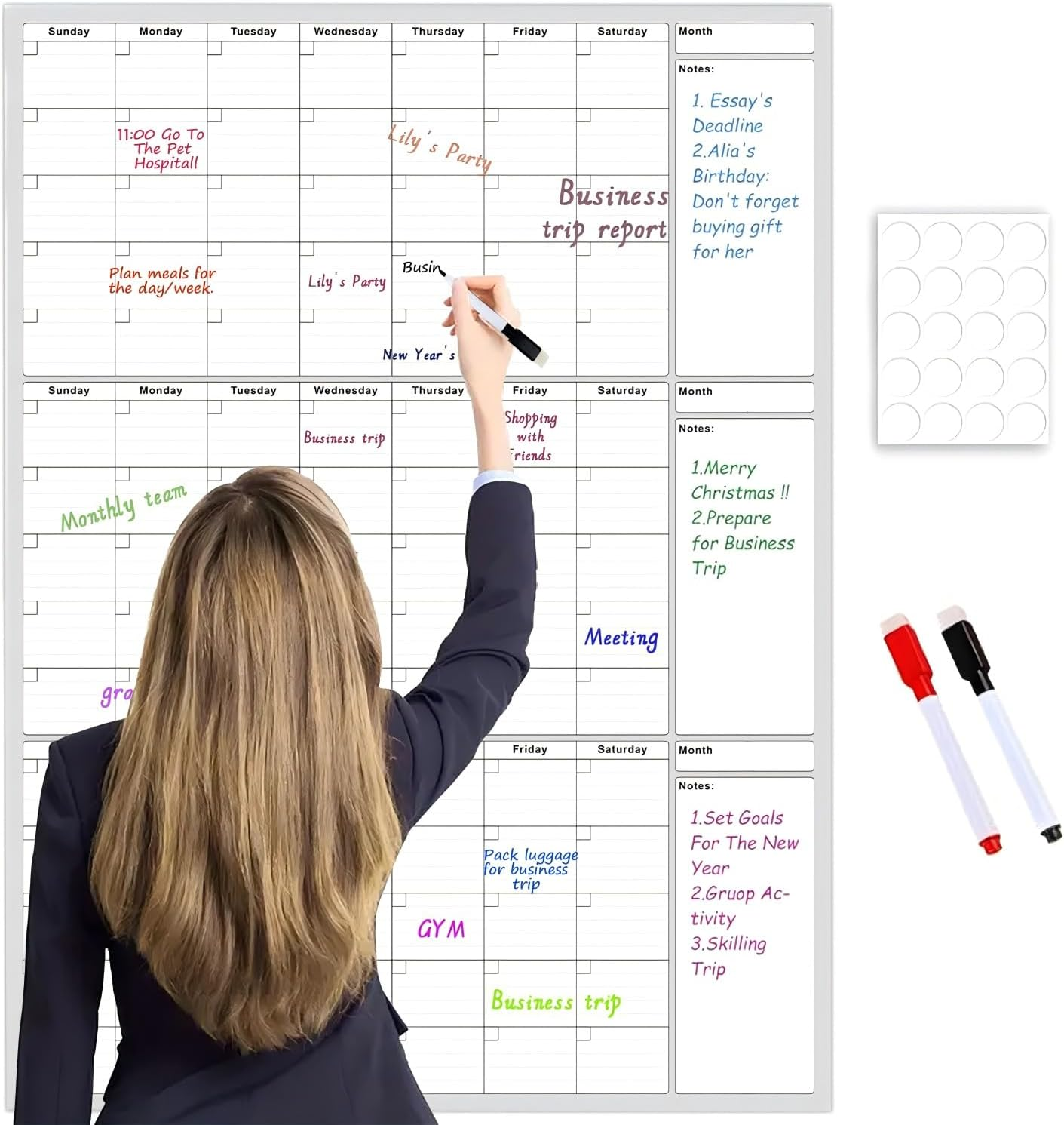 Large Dry Erase Calendar - Undated 3 Monthly Wall Calendar Laminated, 48" X 32", Blank Reusable Calendar Planner with Large Daily Boxes, Notes, Stickers, Great for Home, Office, Classroom, Grey image number 4