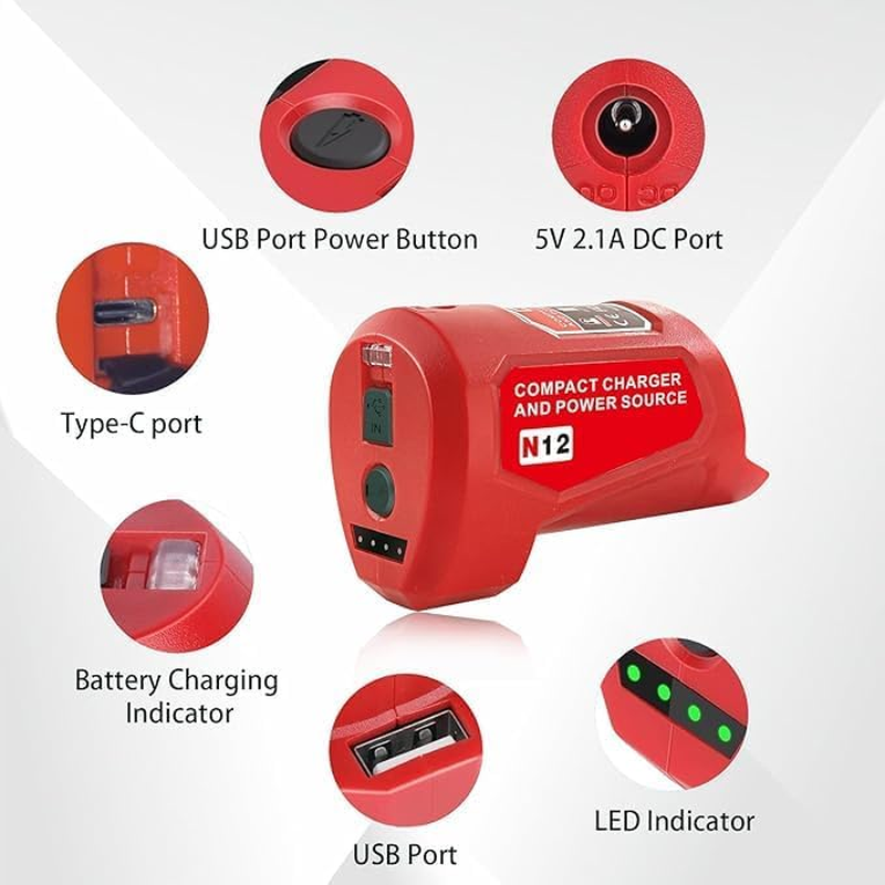 For Milwaukee Battery Power Source,M-12 Battery Charger with Type-C Port & DC 12V Outlet, Battery Adapter for Milwaukee Heated Jacket 49-24-2310 Compatible with 48-11-2420 48-11-2411