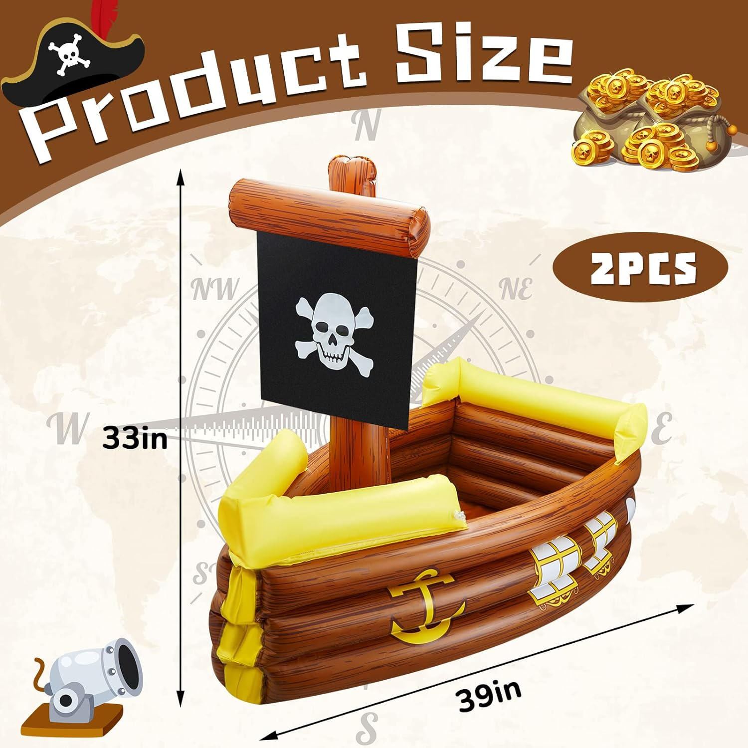 Cunhill 2 Pieces Inflatable Pirate Ship Cooler Inflatable Cooler for Halloween Pirate Ship for Food Beverage Serving Bar Pirate Party Decorations Birthday Pool Party Supplies image number 1