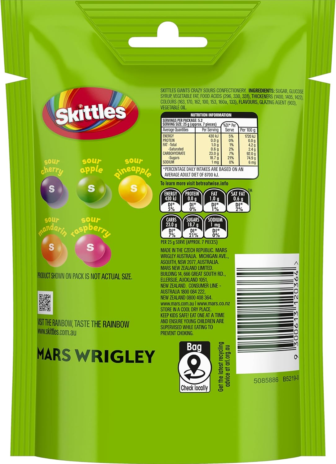 Skittles Giants Crazy Sours Chewy Lollies Snack Bag 132G image number 2
