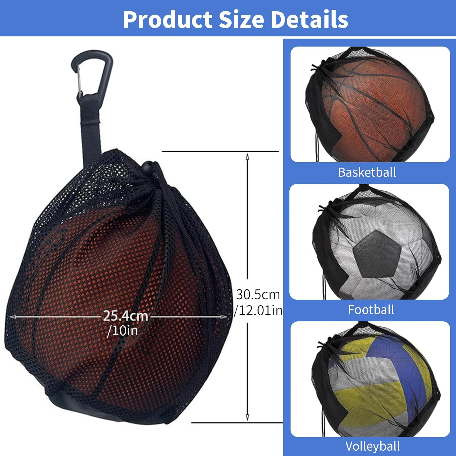 2 PCS Drawstring Basketball Bag, Basketball Football Volleyball Carry Bag, Clip on Ball Holder for Backpack, Basketball Storage Net Bag, Mesh Handbag Ball Bag for Basketball Football Volleyball image number 3