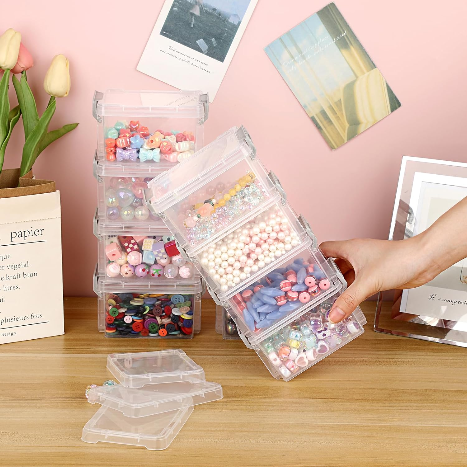 OGA 10 Small Transparent Storage Boxes, Plastic Organiser with Lid, Stackable Storage Containers for Office Supplies, Stationery, Craft Accessories, Hardware 12 X 8 X 7 Cm (Boxes Only) image number 5