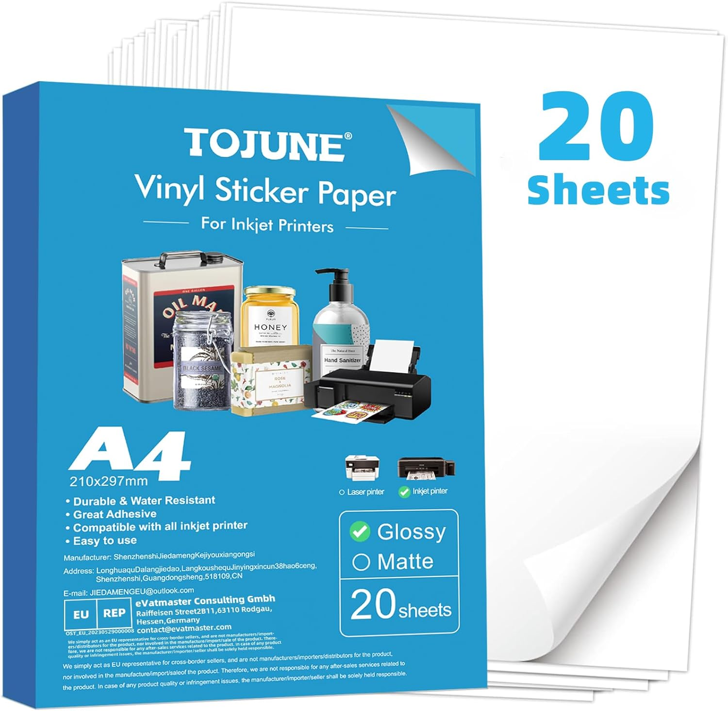 TOJUNE Printable Vinyl Sticker Paper for Inkjet Printer, A4-21X29.7 Cm - 8.27"X11.69", Waterproof, Arbitrary Cutting, Adhesive Backing, Stable Adhesion (White Glossy (20 Pcs))