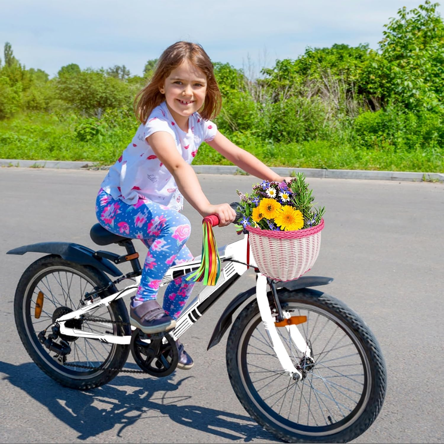 Kids Bike Basket, Kid'S Front Handlebar Basket,Girl'S Basket Kit, Suitable for Most Children'S Bicycles and Kids Tricycles Handlebar (White Pink) image number 4