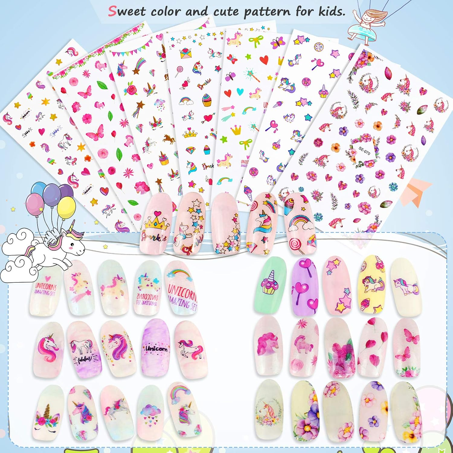 Unicorn 3D Nail Art Stickers Decals Self-Adhesive for Kids Little Girls, 270+ Cute Nail Tip Star Crown Princess Nail Manicure for Fingernails Toenails Birthday Party Supplies Gift Favors image number 2