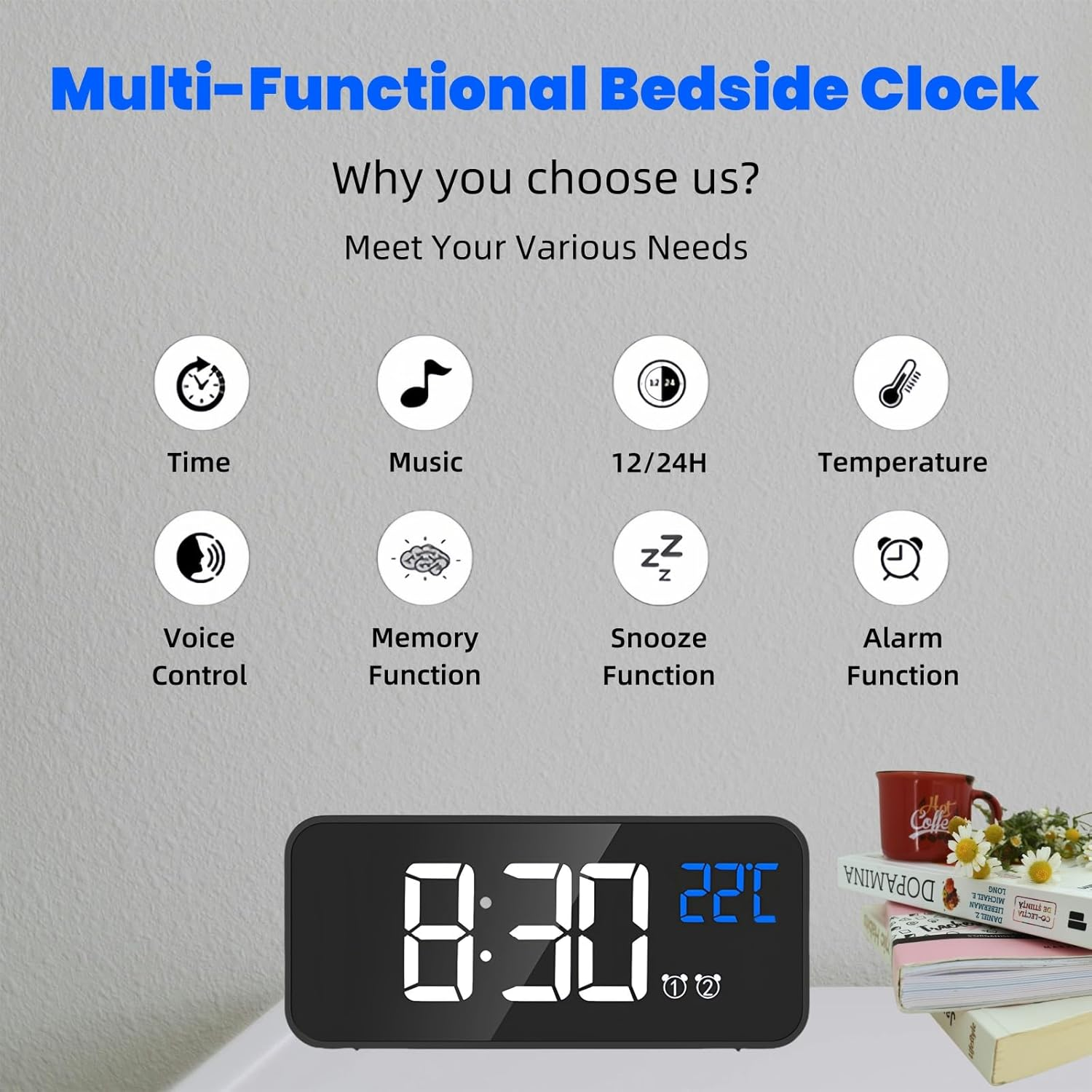 Lecoirrax Upgraded Digital Alarm Clock, Bedside Digital Clock for Kid Adult, Large LED Clock, Snooze, Temperature, 4-Level Brightness, 12/24H, 13 Music USB Rechargeable Clock for Bedroom Office(Black) image number 6