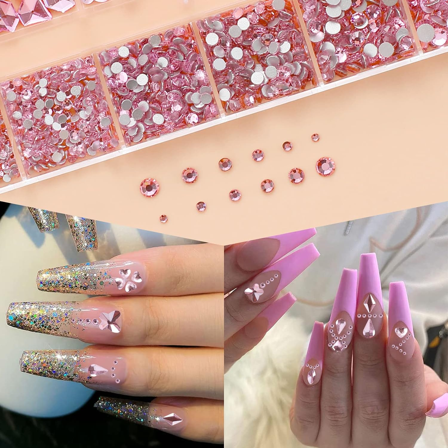 Nail Rhinestones Nail Art Gems Crafts Crystals Glass Decorations Set Ab Rhinestones Flatback Design Face Clothes Shoes Decor Diy Acrylic Nail Art Decoration(Pink) image number 3